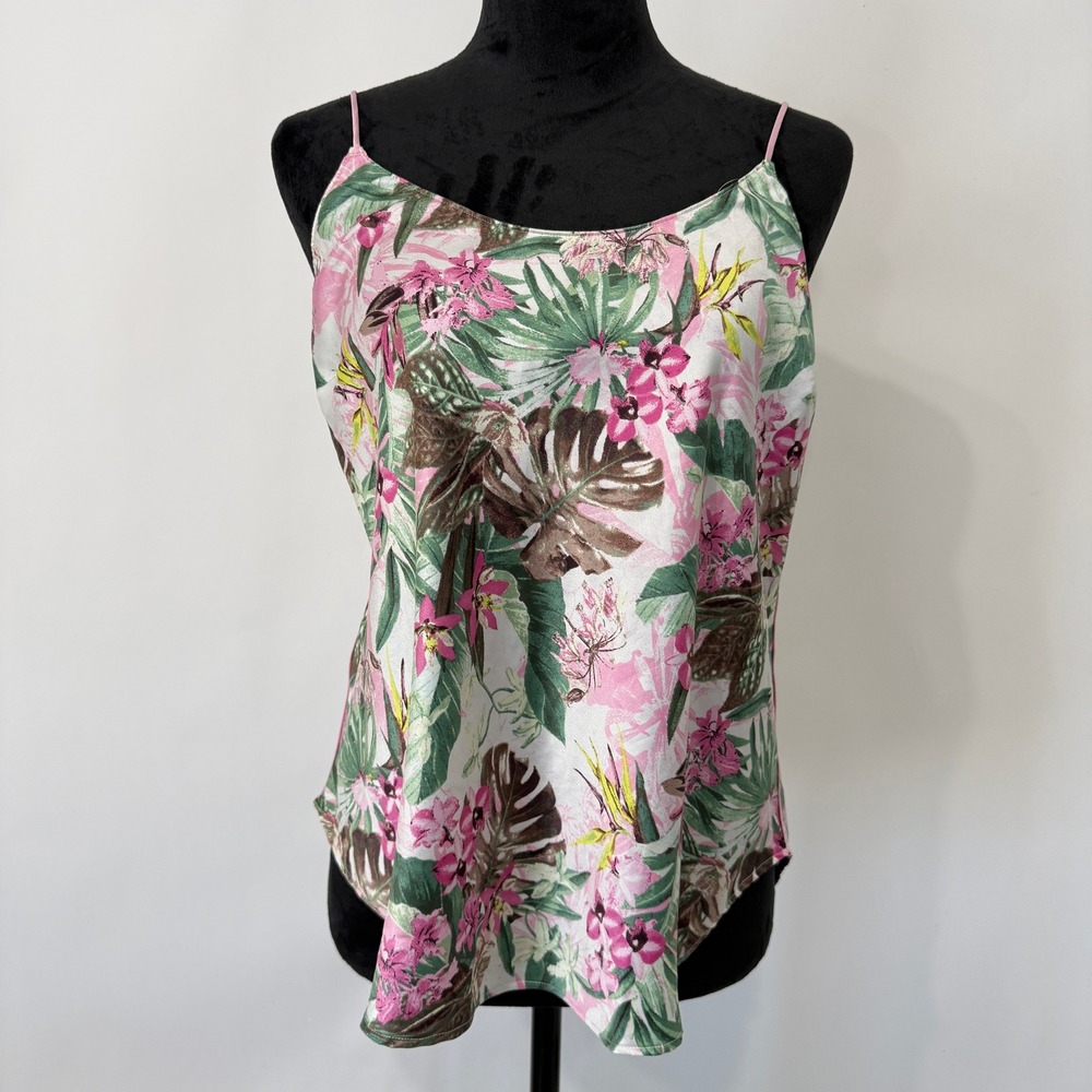Victoria's Secret Tropical Floral Satin Camisole‎ Top Womens Large Pink Green